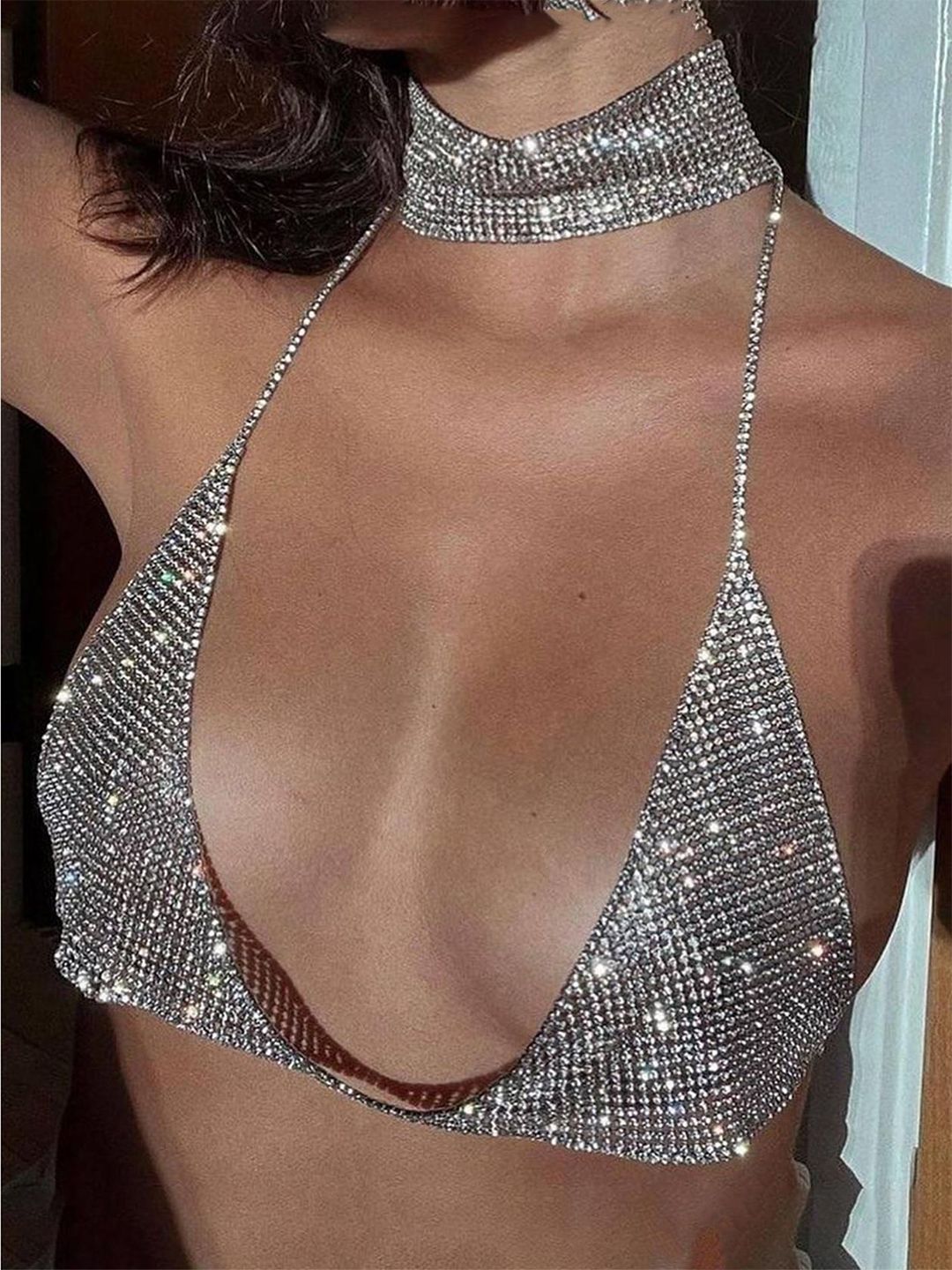 LULU & SKY Silver Embellished Halter Crop Top