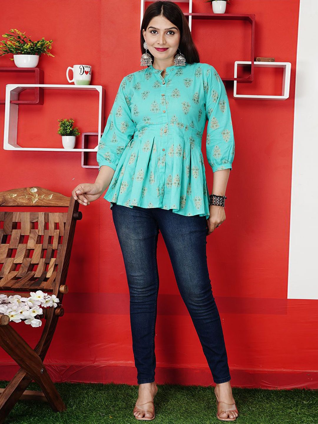aayusika Ethnic Printed Mandarin Collar Cotton Longline Peplum Top