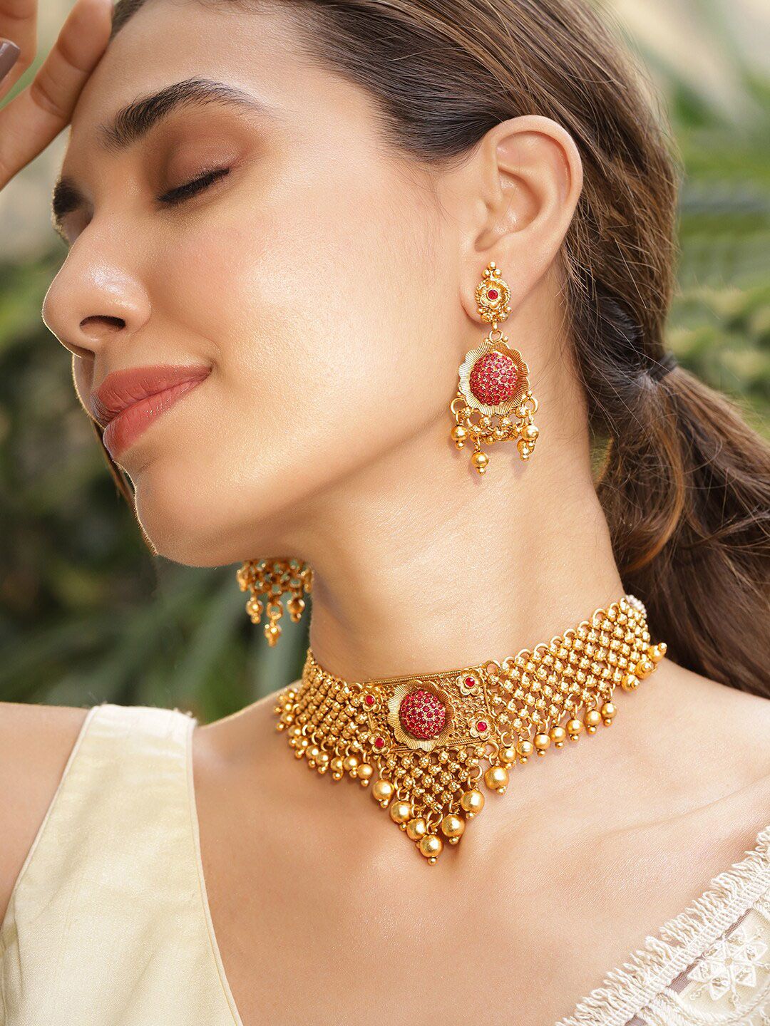 Buy Rubans 22K Gold Plated Ruby Red Stone Studded Gold Beaded Choker Necklace Set -  - Accessories for Women