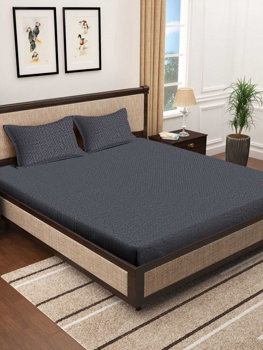 KLOTTHE Grey Abstract Woolen 300 TC King Bedsheet with 2 Pillow Covers-250X225 cm