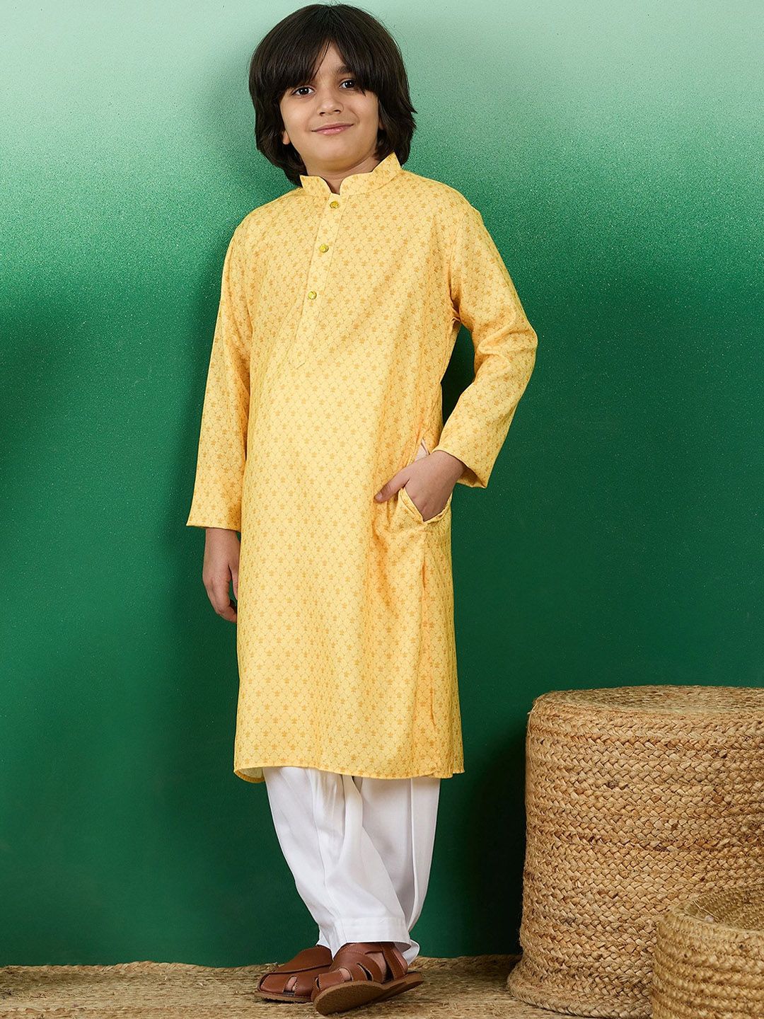 Sangria Boys Yellow Floral Printed Mandarin Collar Cotton Straight Kurta