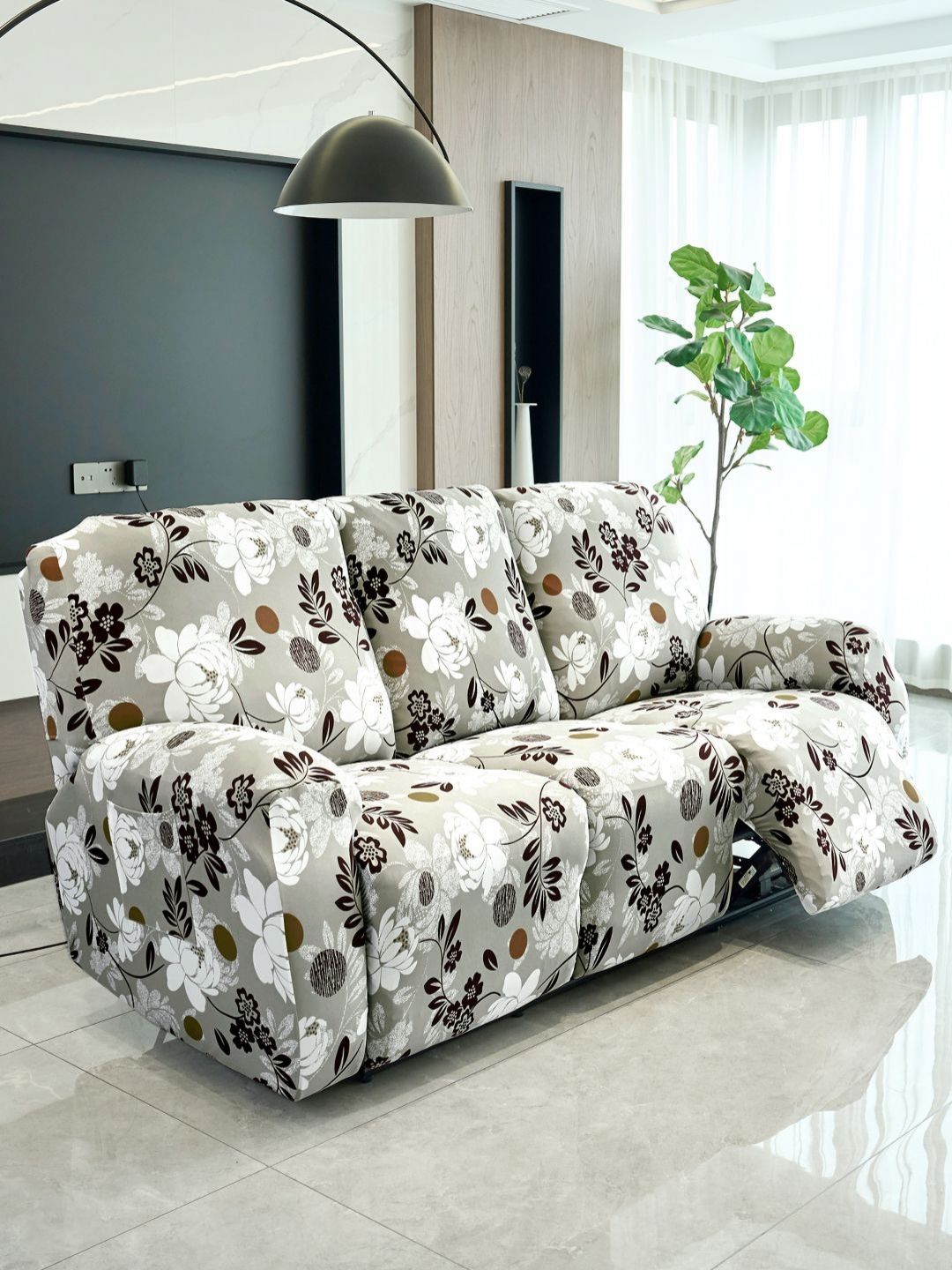 HOKIPO Feather Brown Floral 140gsm Stretchable Recliner Sofa Cover for 3 Seater