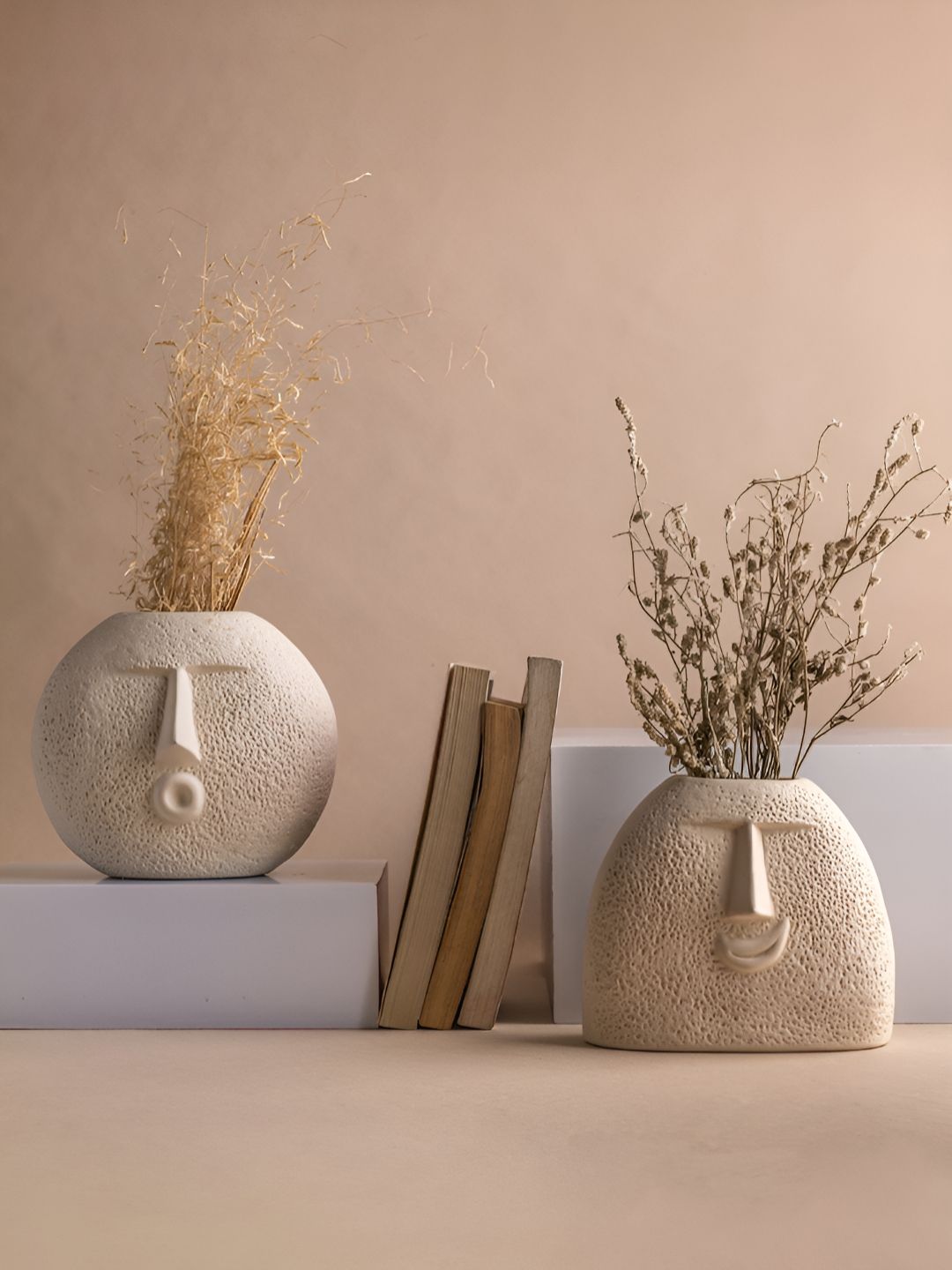 Glimpse Homes 2 Pcs Raw Off-White Ceramic Oval Face Vases