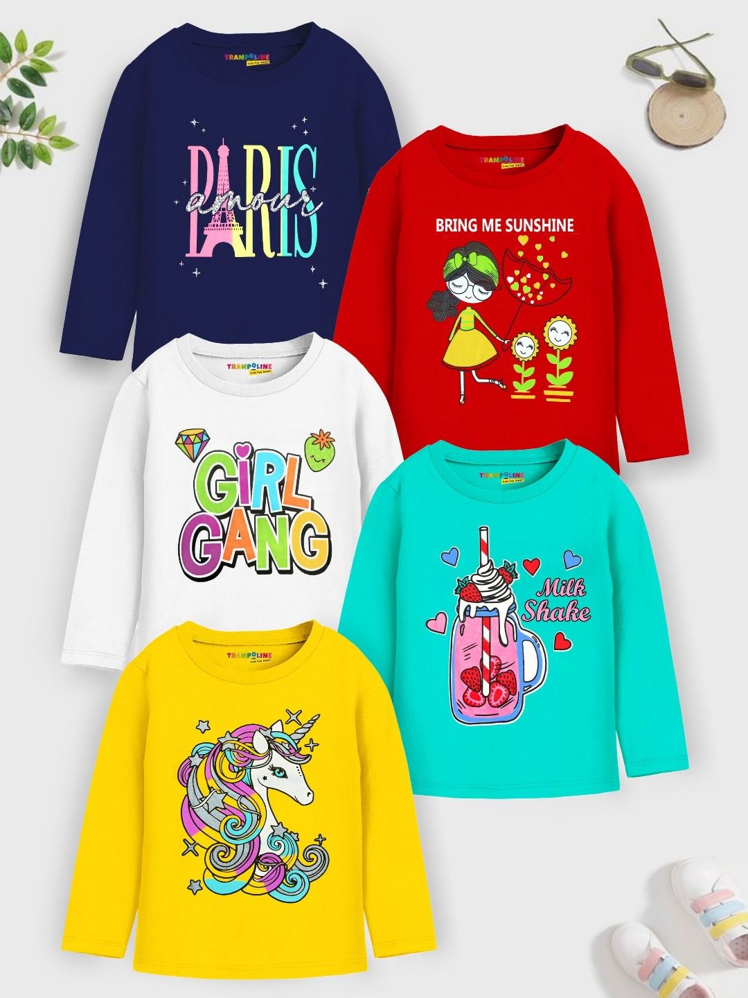 YK X Trampoline Girls Pack Of 5 Graphic Printed Round Neck T-shirts