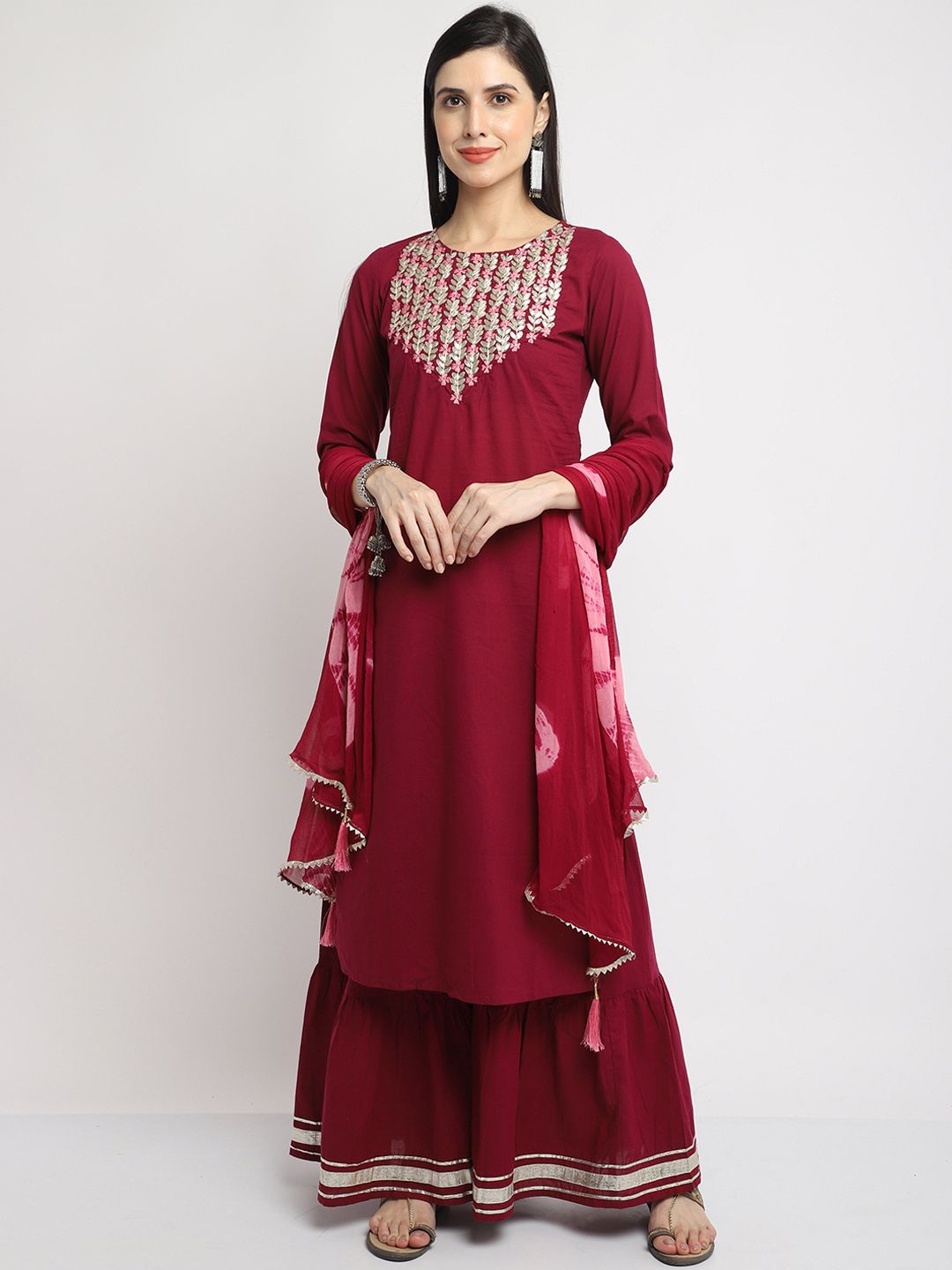 KALINI Floral Yoke Design Regular Gotta Patti Pure Cotton Kurta with Sharara & Dupatta