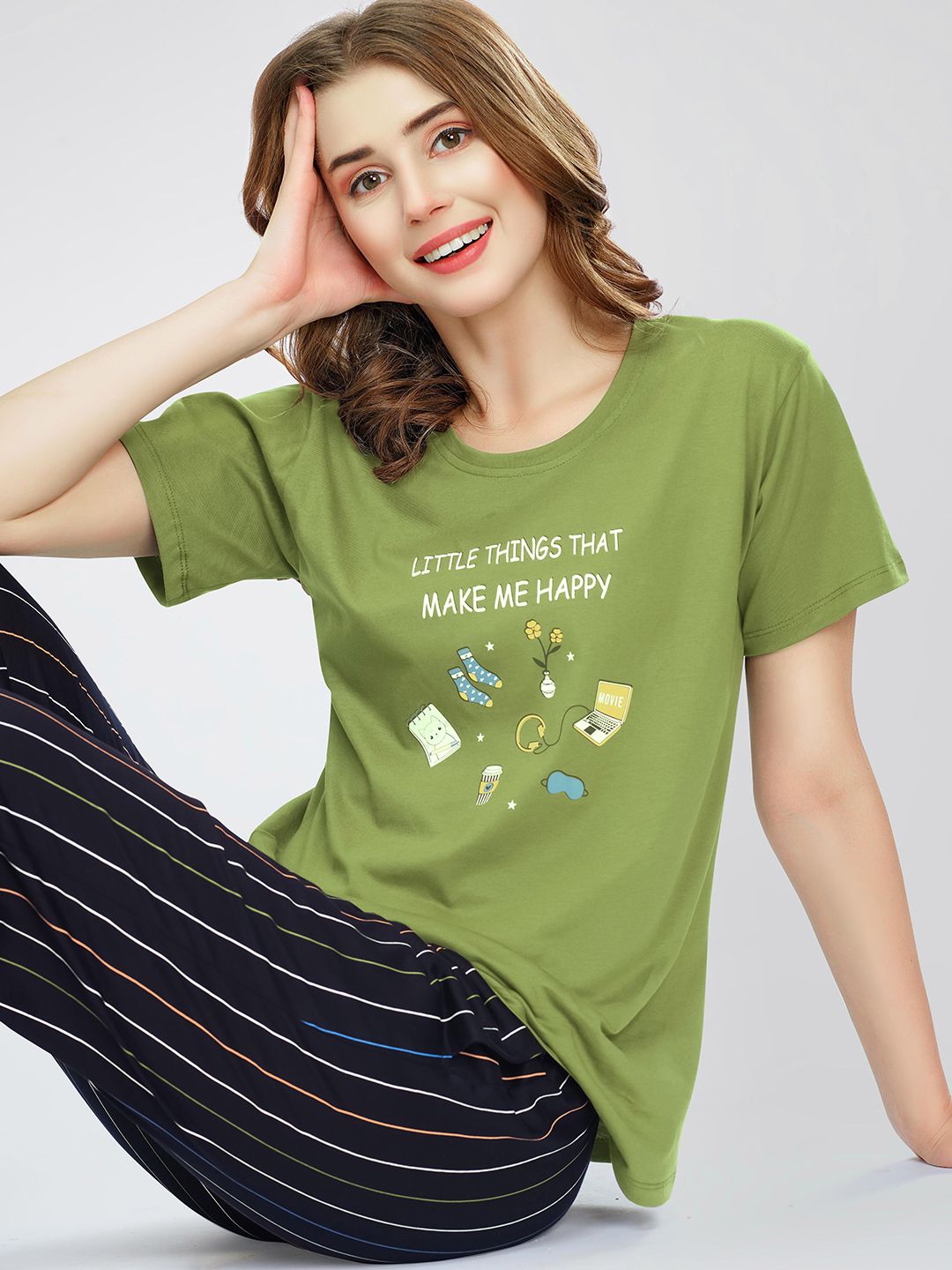 Round Neck Short Sleeves Printed Pure Cotton Night suit