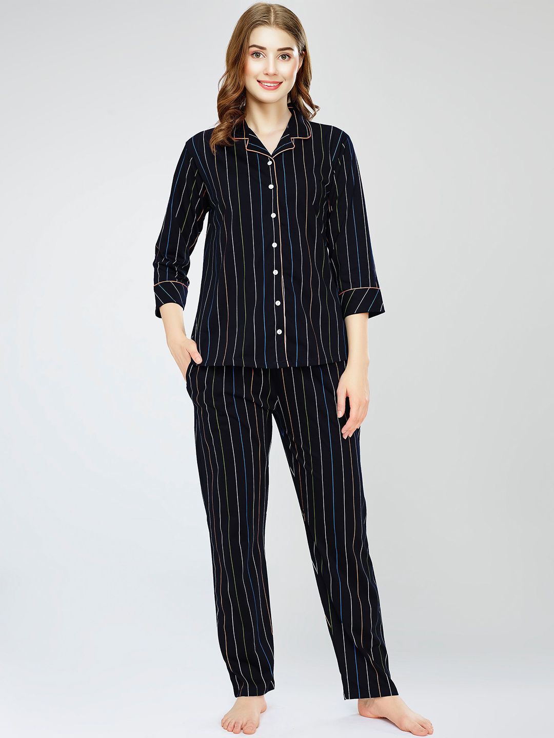 Lapel Collar Printed Pure Cotton Night suit 6