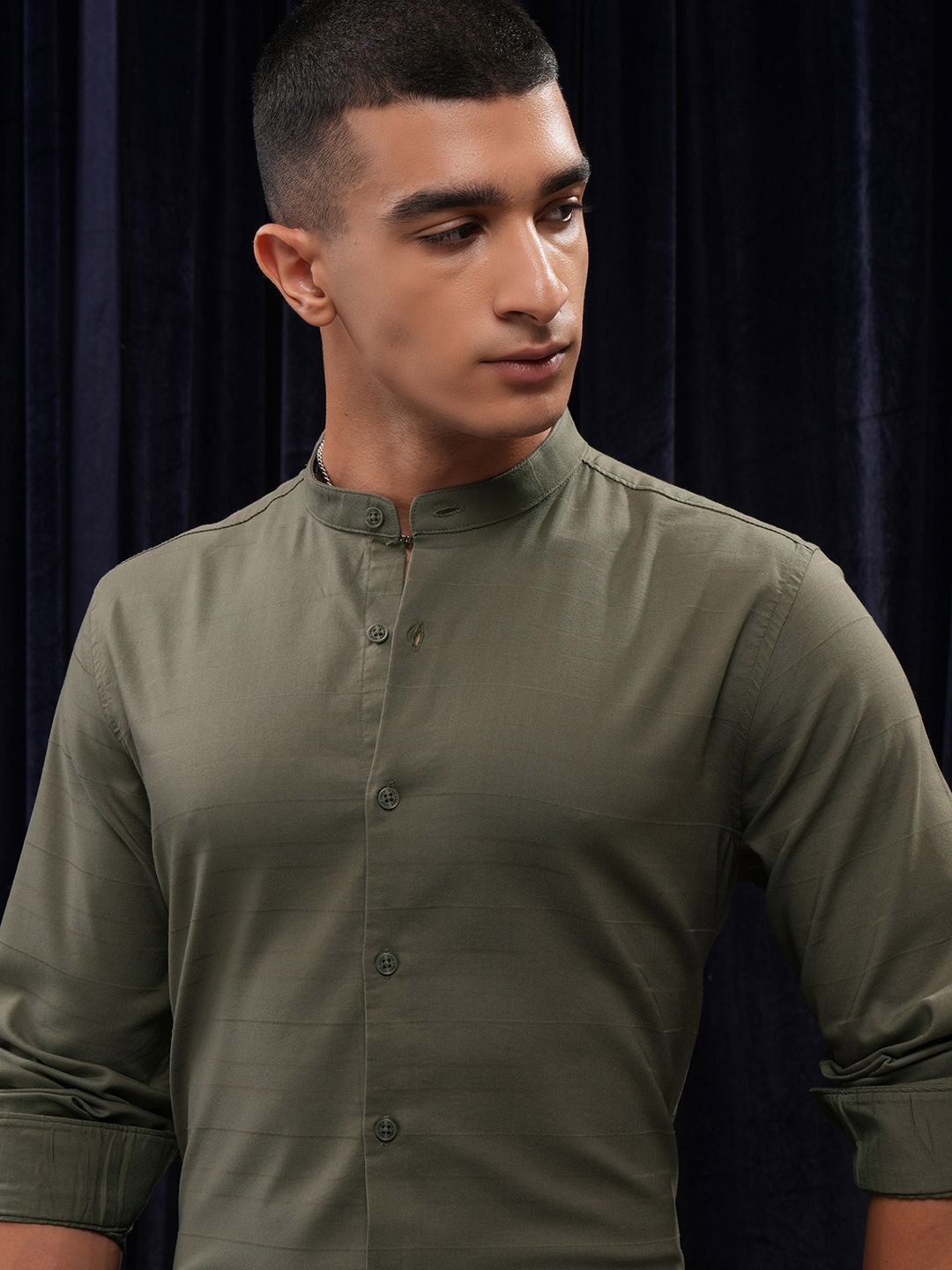 HIGHLANDER Men Dobby Textured Solid Mandarin Collar Casual Shirt