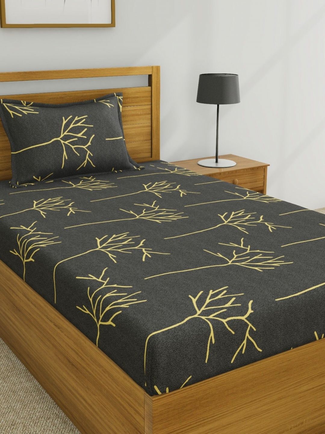 Huesland Grey Floral Cotton 144 TC Single Bedsheet with a Pillow Cover-90 x 55 inches