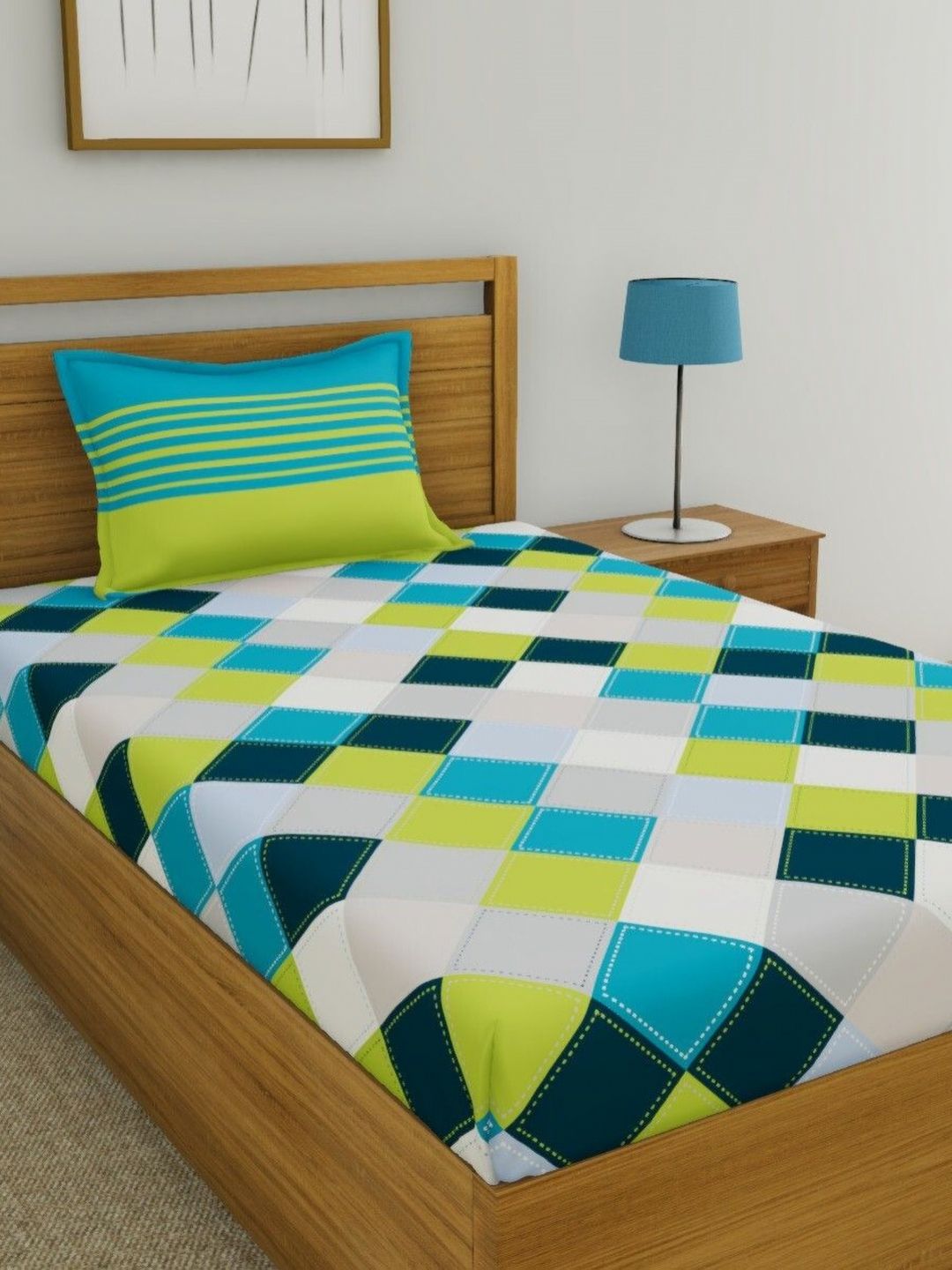 Huesland Blue Geometric Cotton 144 TC Single Bedsheet with a Pillow Cover-227 x 139 cm