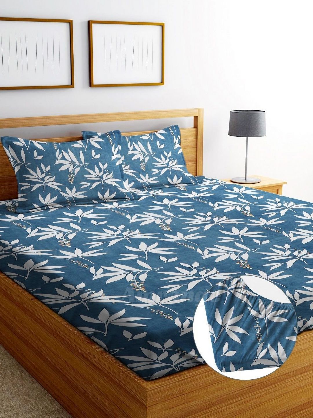 AMRANGE Blue Leaf Microfiber Breathable 250 TC Fitted King Fine Bedsheet with 2 Pillow Covers-78 x 73 inches