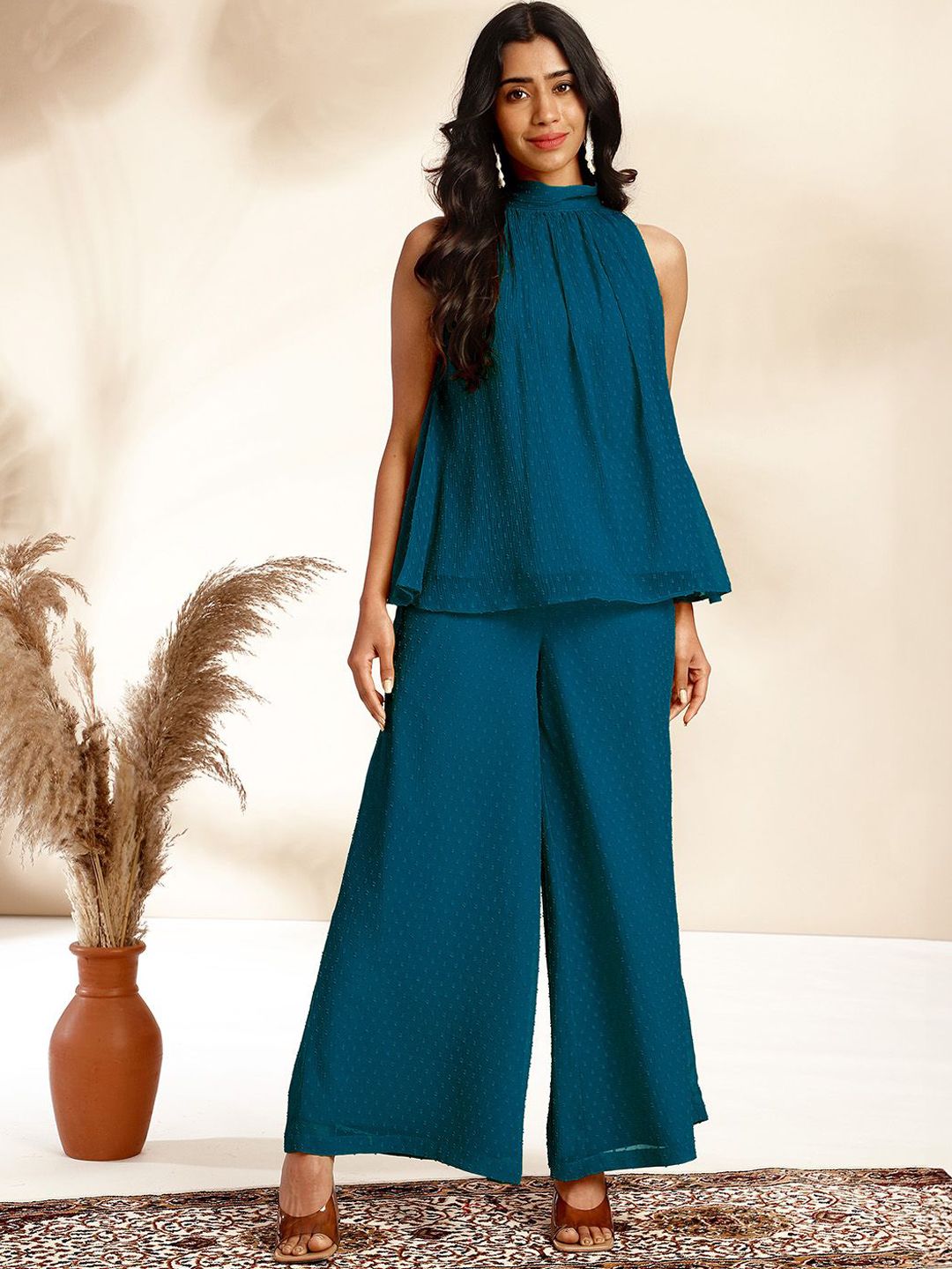 Buy Janasya Teal Self Design High Neck Dobby Gathered Top & Palazzos Chiffon Co Ord Set -  - Apparel for Women