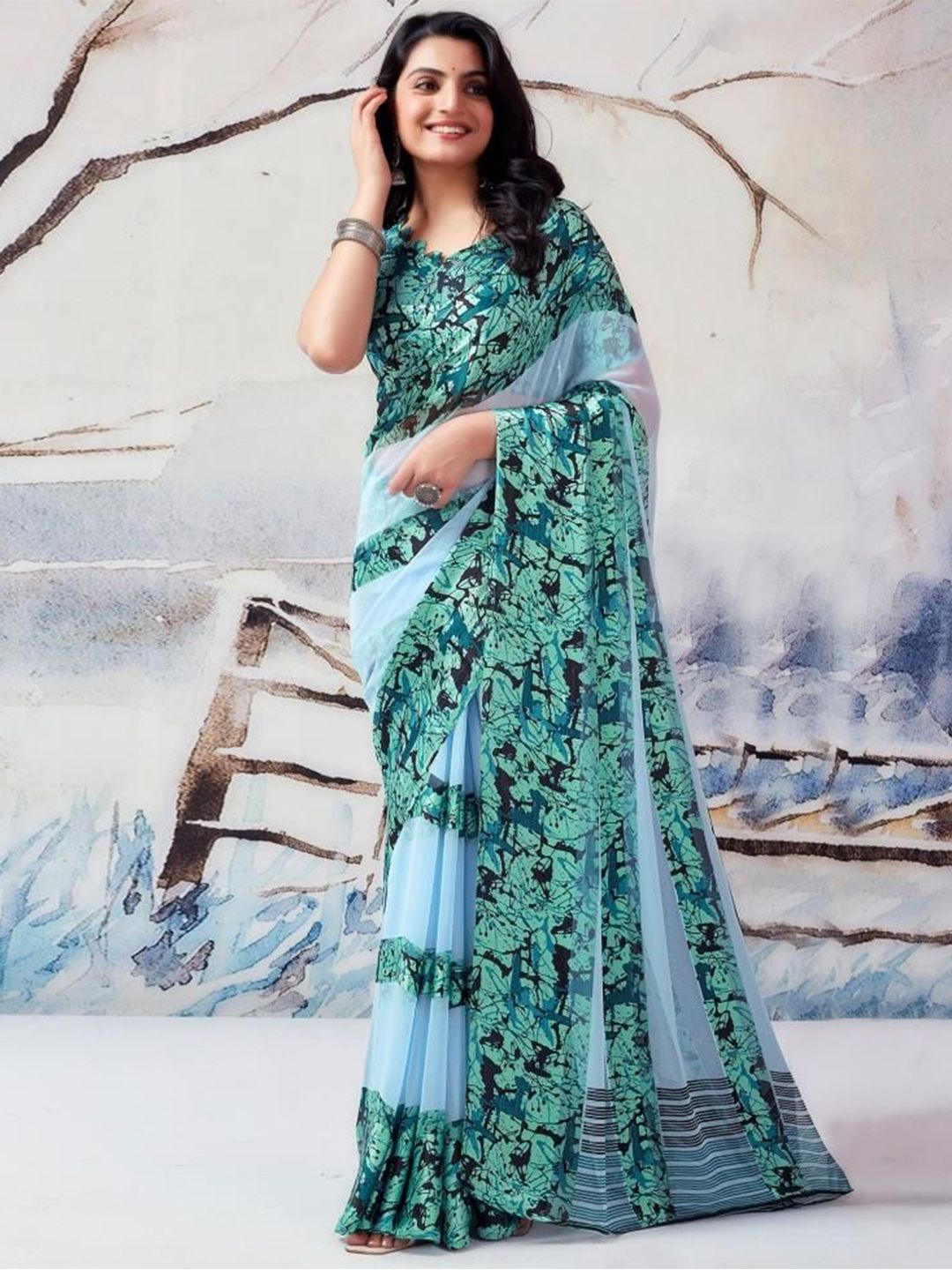 Sanwariya Silk Abstract Printed Pure Georgette Bagh Saree