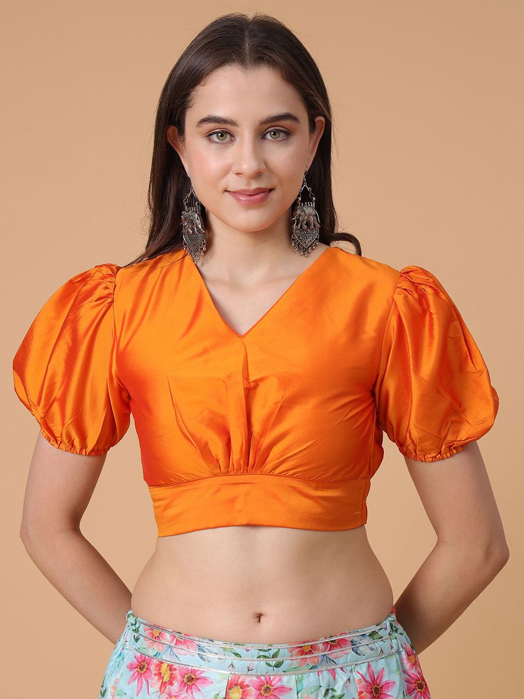 Frolic Rolic Light Orange Silk Blend V-Neck Puff Sleeves Blouse