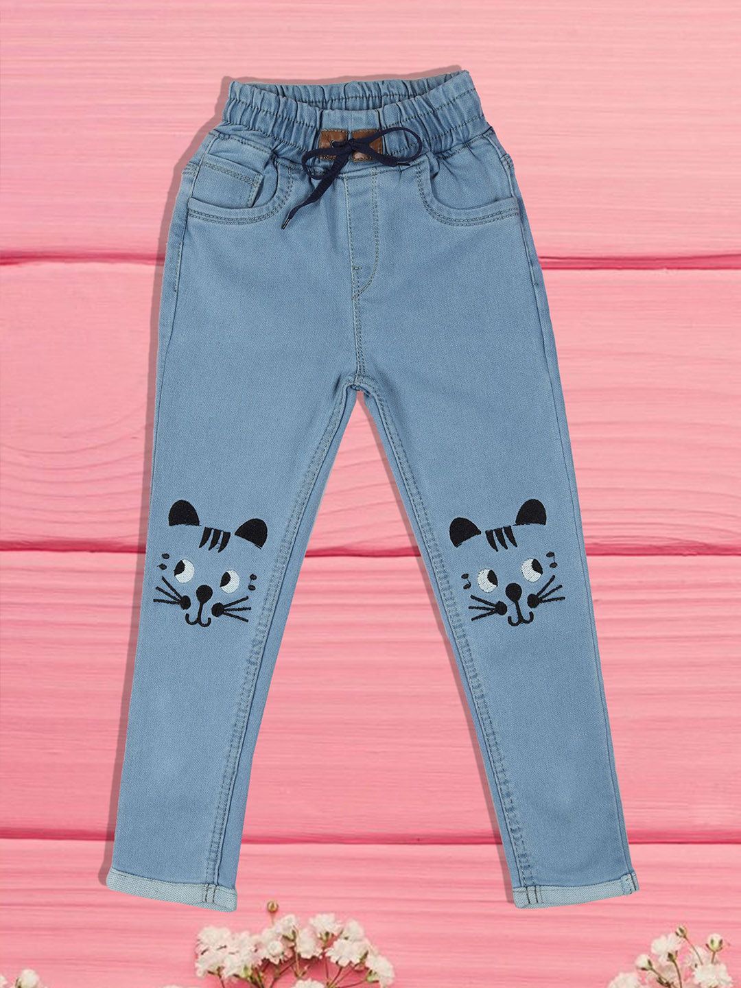 F2M Girls Low Distress High Waist Embroidered Jeans