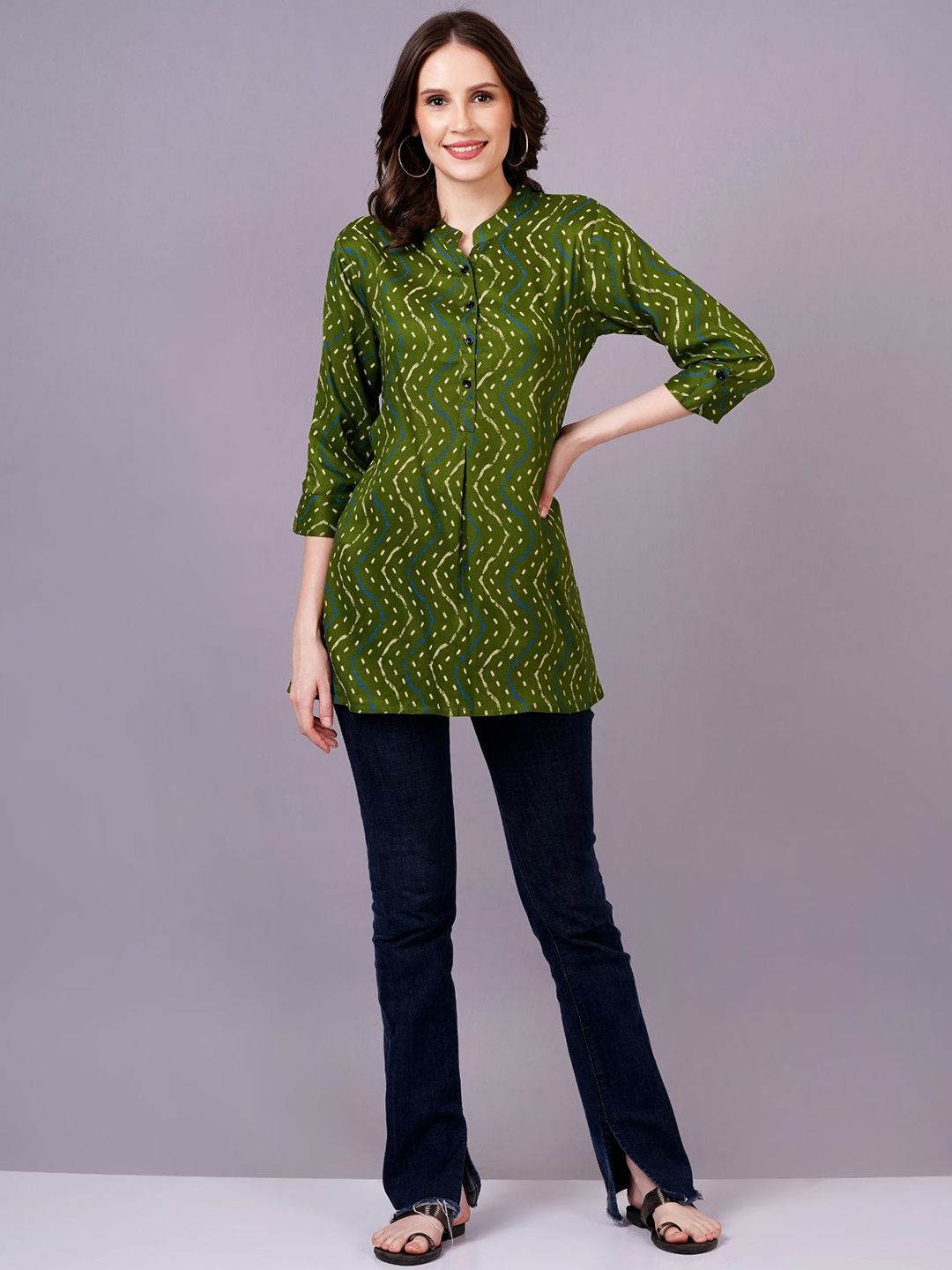 JC4U Animal Print Mandarin Collar Shirt Style Top