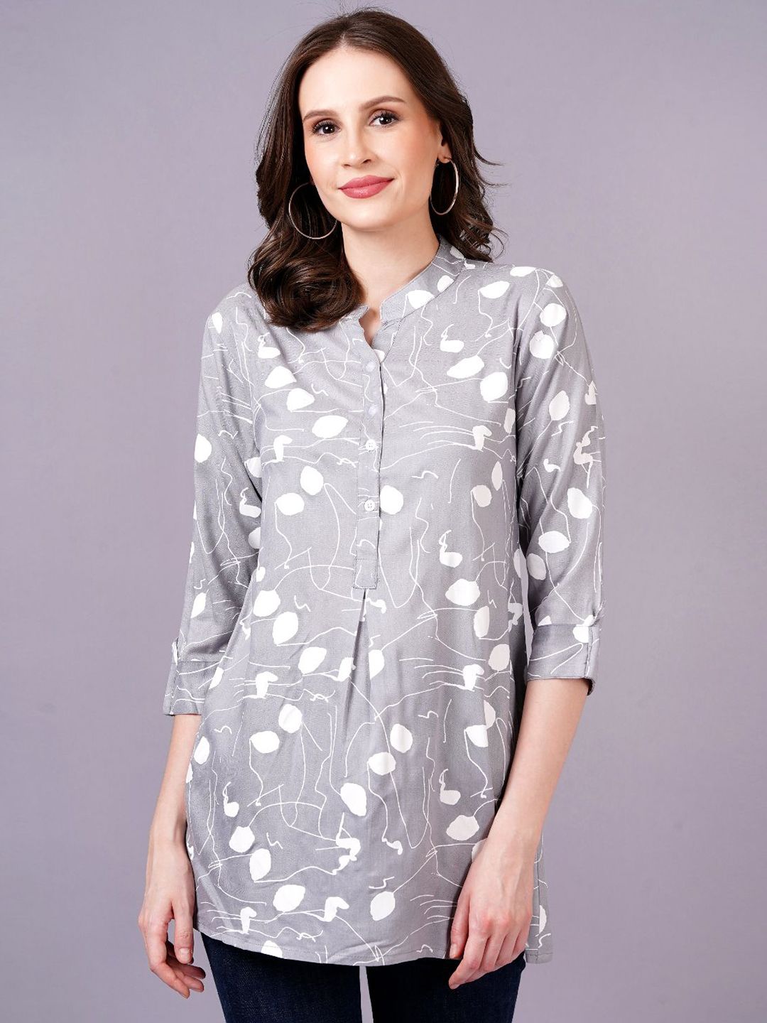 JC4U Women Floral Print Mandarin Collar Shirt Style Longline Top