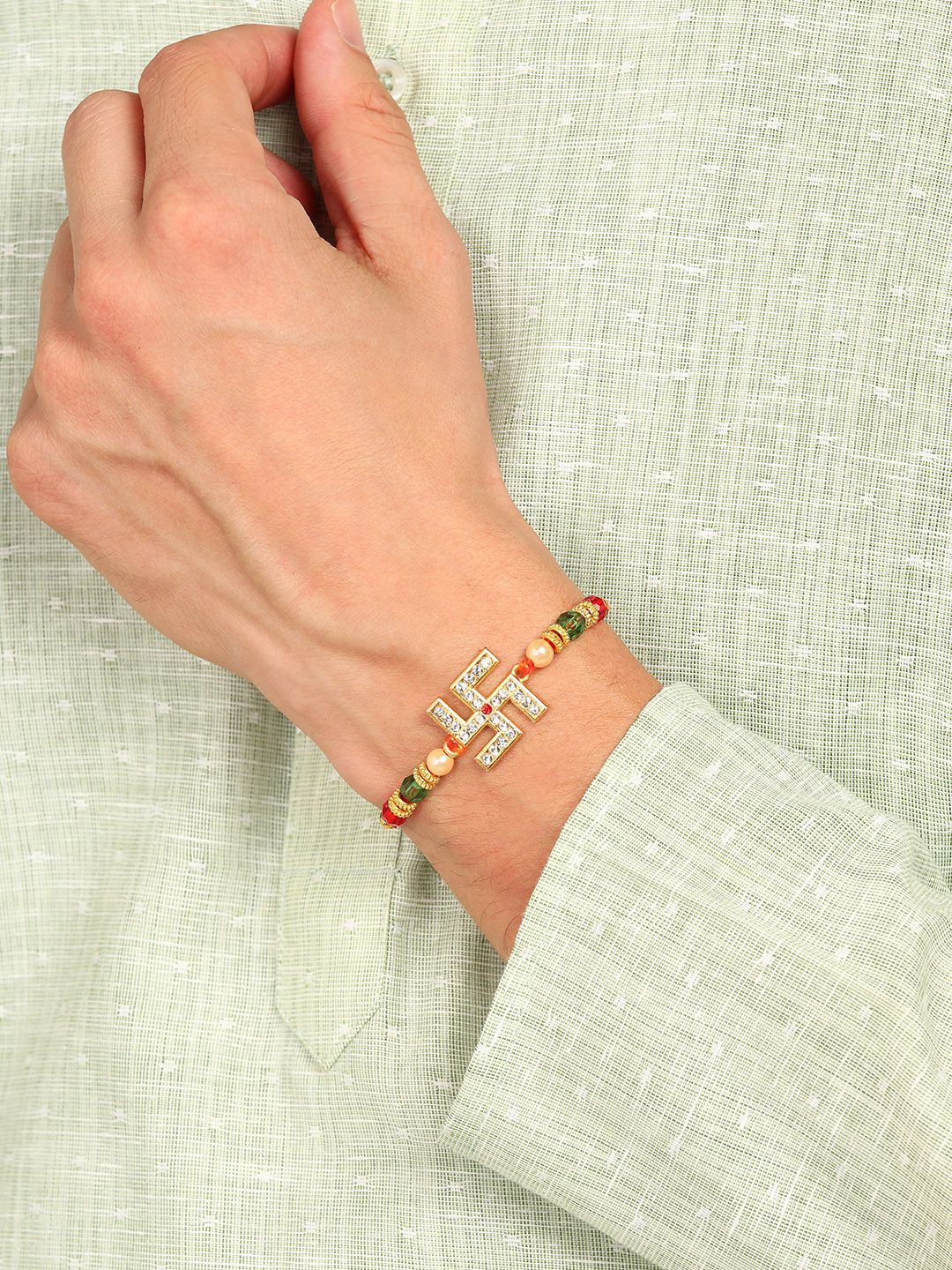 Nanwan Assorted Swastik & Artifical Stones And BeadsThread Rakhi