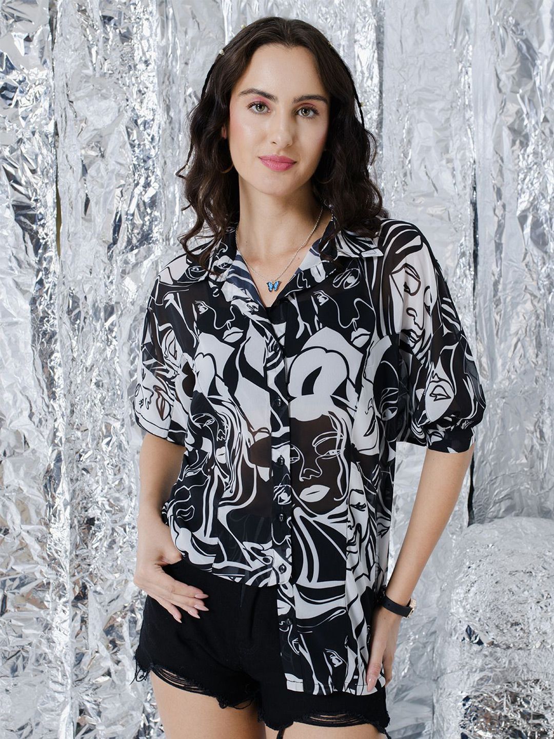 TANDUL Women Standard Spread Collar Pure Georgette Semi Sheer Shirt