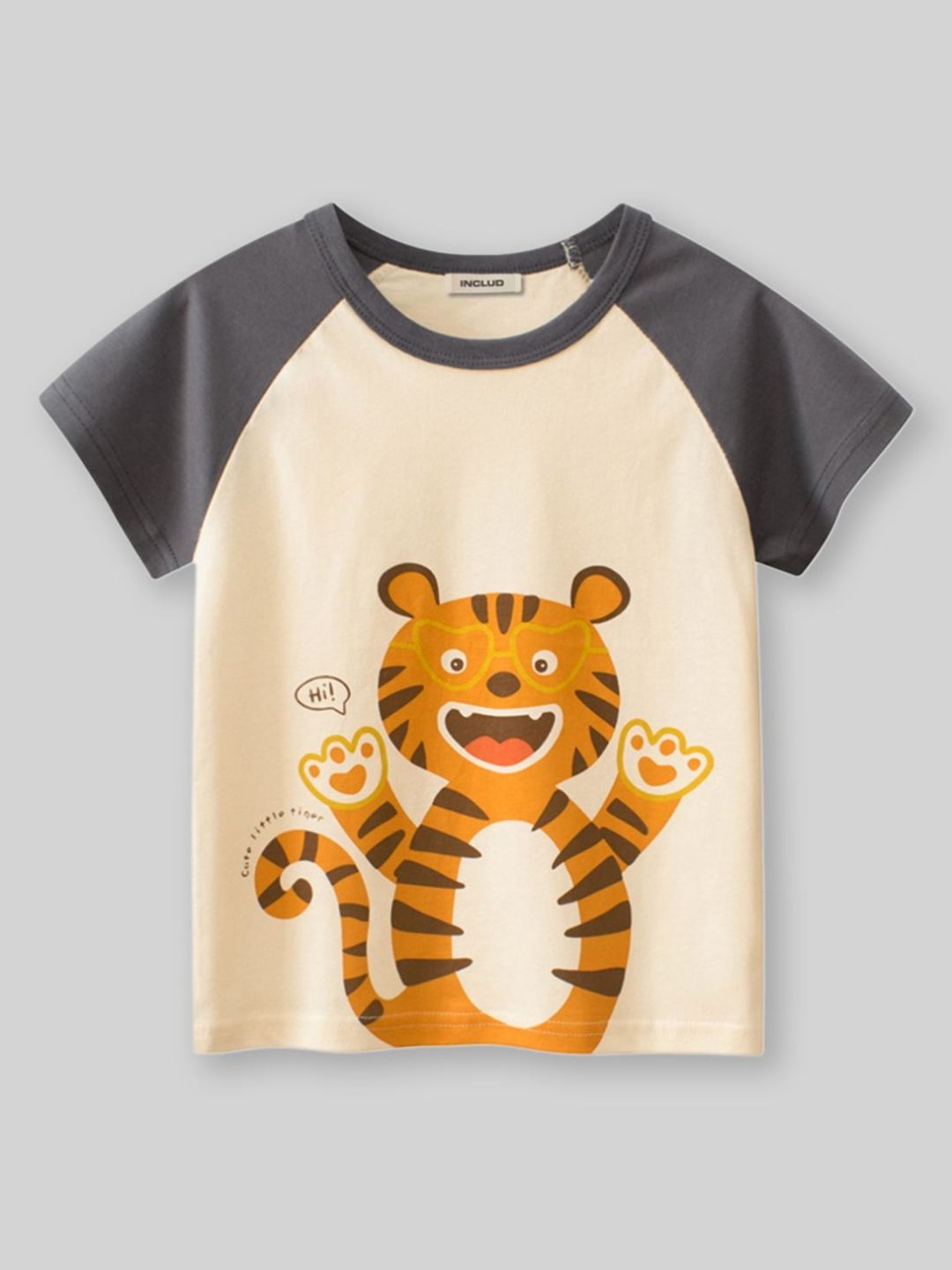 INCLUD Boys Tiger Graphic Printed Cotton Round Neck Raglan Sleeves T-shirt