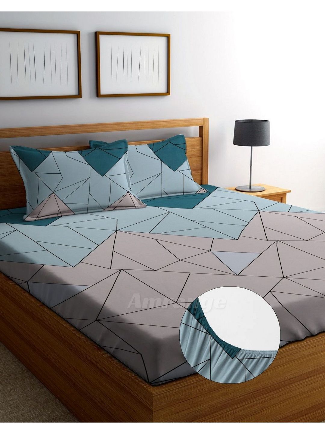 AMRANGE Blue Geometric Microfiber Breathable 250 TC Fitted King Fine Bedsheet with 2 Pillow Covers-78 x 73 inches