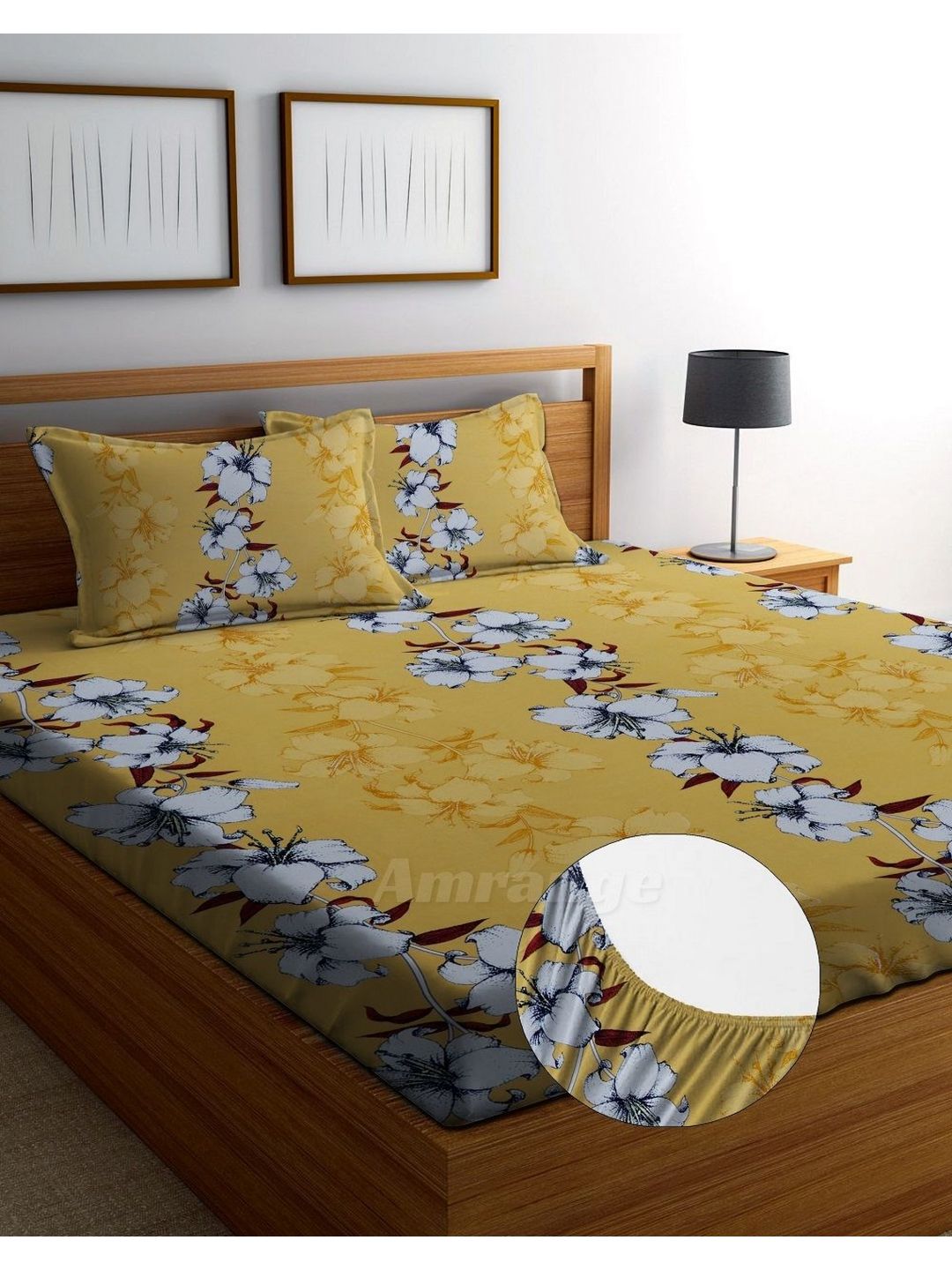AMRANGE Yellow Floral Microfiber Breathable 250 TC Fitted King Fine Bedsheet with 2 Pillow Covers-78 x 73 inches