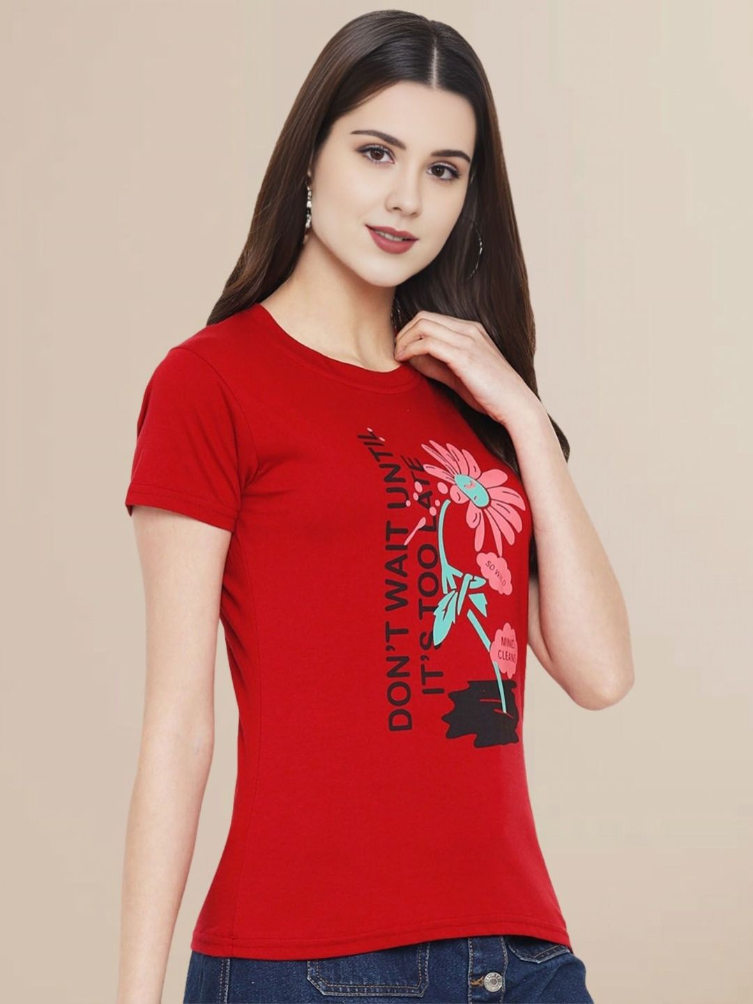 Fabflee Women Typography Printed Round Neck Pure Cotton Slim Fit Casual T-Shirt