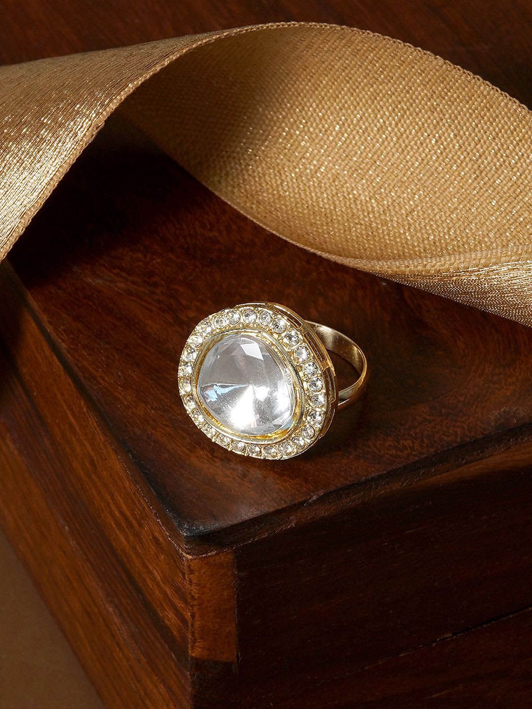 TEEJH Gold-Plated Polki Stone-Studded Adjustable Finger Ring