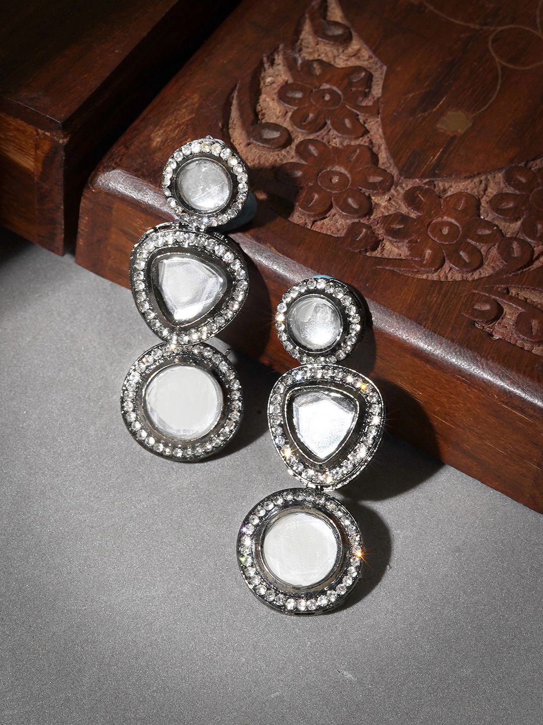 TEEJH Silver-Plated Oxidised Classic Artificial Stones Studded Drop Earrings