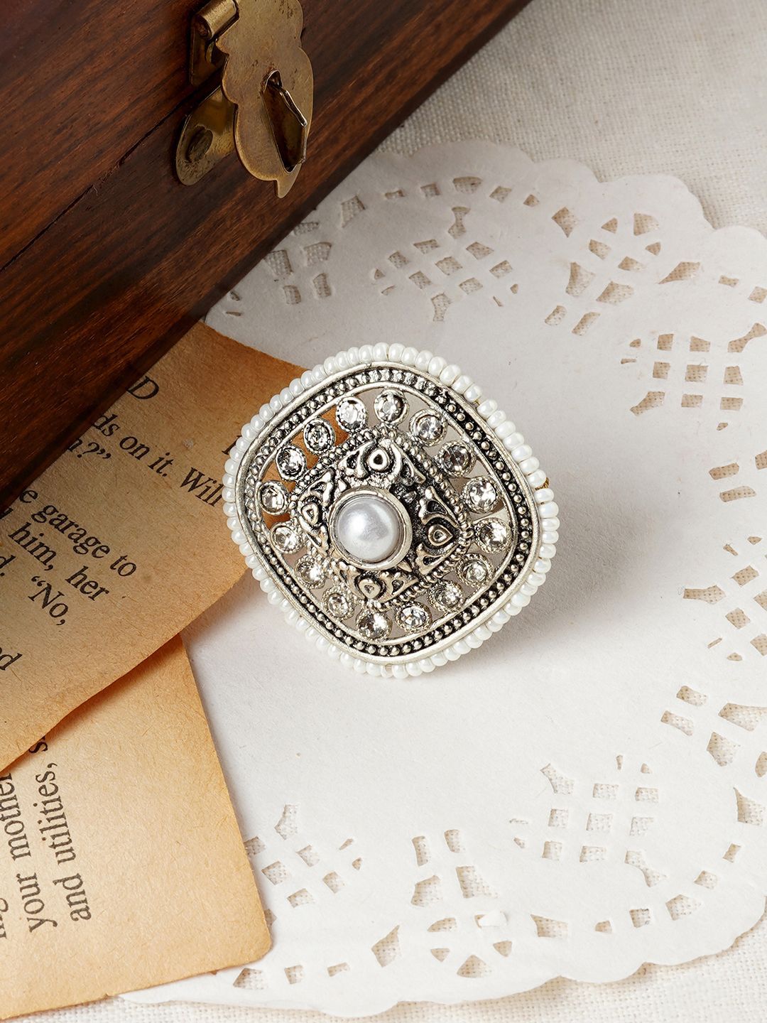 TEEJH White Chinmnabai Oxidised Finger Ring
