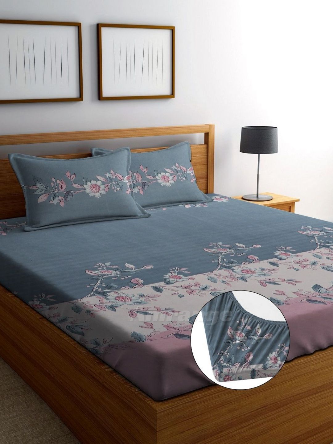 AMRANGE Blue Floral Cotton Breathable 250 TC Fitted King Fine Bedsheet with 2 Pillow Covers-78 x 73 inches