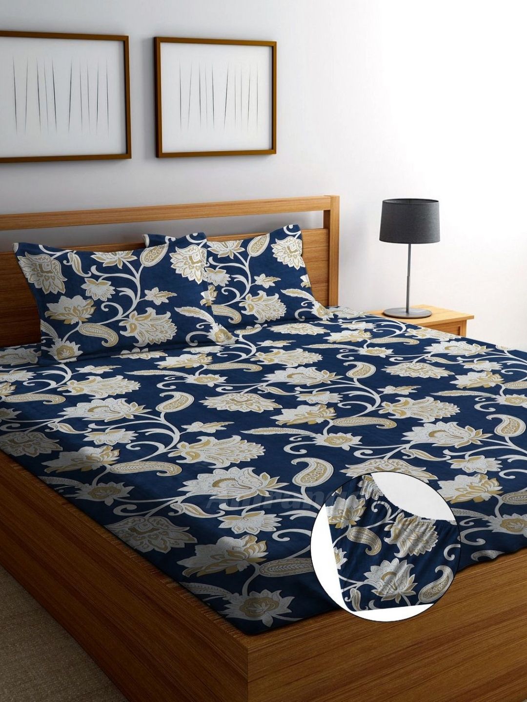 AMRANGE Navy Blue Floral Microfiber Breathable 250 TC Fitted King Fine Bedsheet with 2 Pillow Covers-198 x 185 cm