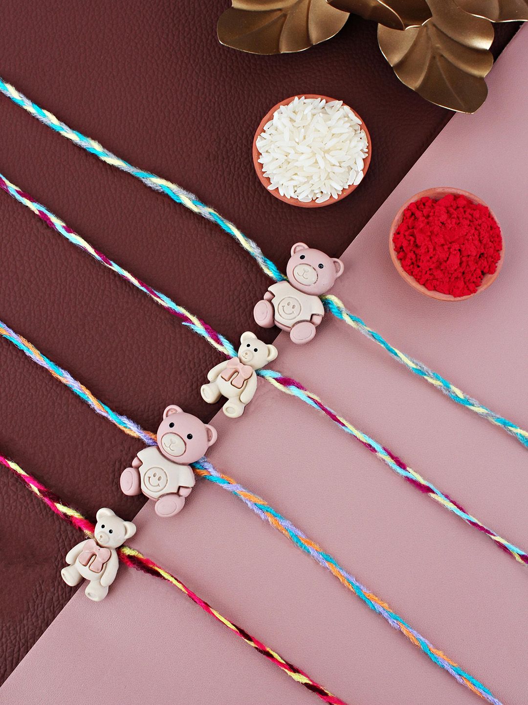 LUCKY JEWELLERY Boys Set Of 4 Teddy Bear Rakhis with Roli Chawal & Greeting Card