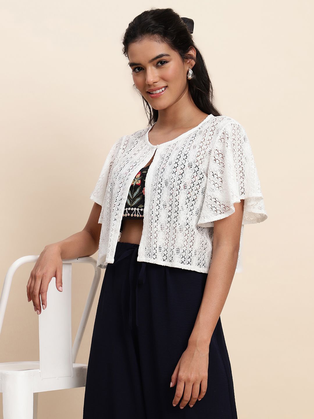 UnaOne Self Design Keyhole Neck Sheer Cotton Lace Crop Open Front Shrug