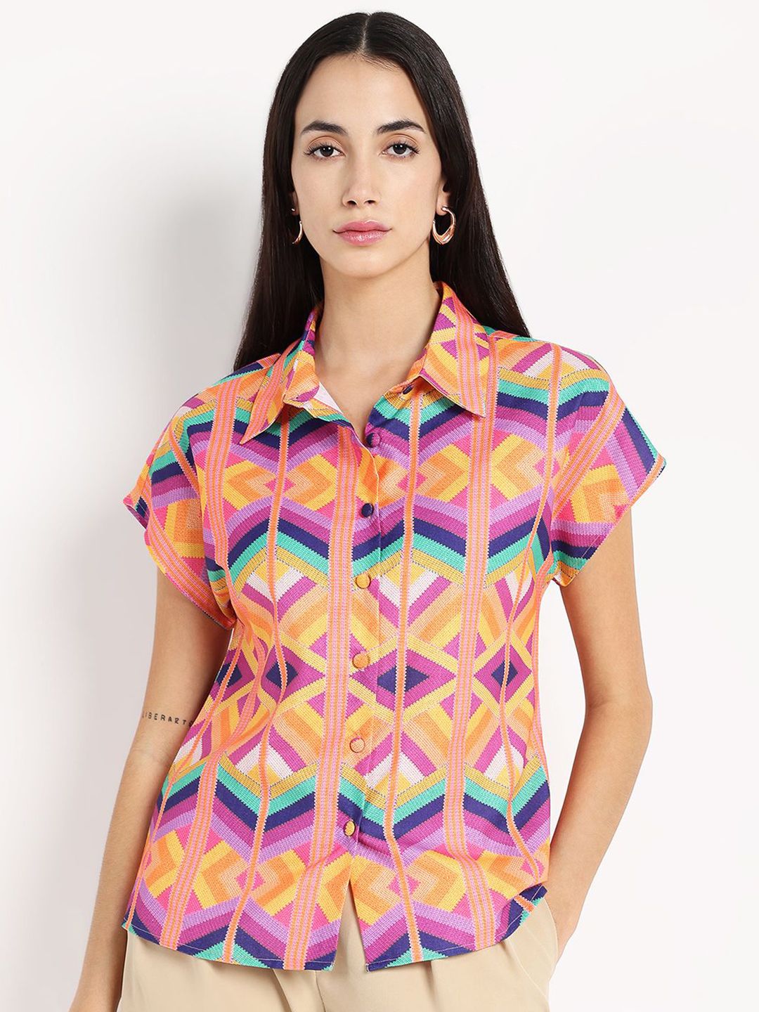 RAREISM Women Printed Shirt Collar Ragular Top