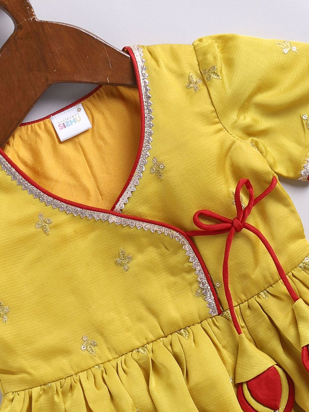 Girls Floral Embroidered Angrakha Anarkali Kurta & Dhoti Pants With Hair Clip 5