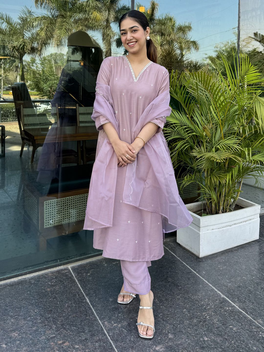 Women's Lavender Silk Blend Embellished Kurta with Pant and Dupatta
