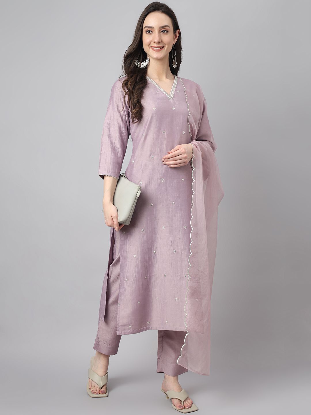 Women's Lavender Silk Blend Embellished Kurta with Pant and Dupatta 6