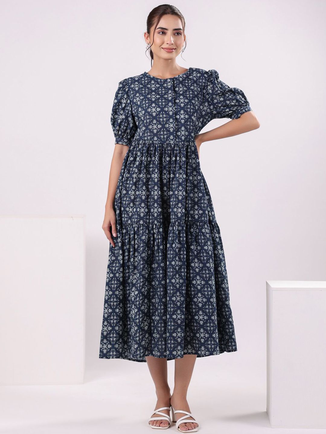 SANSKRUTIHOMES Ethnic Printed Puff Sleeve Cotton Fit & Flare Midi Dress