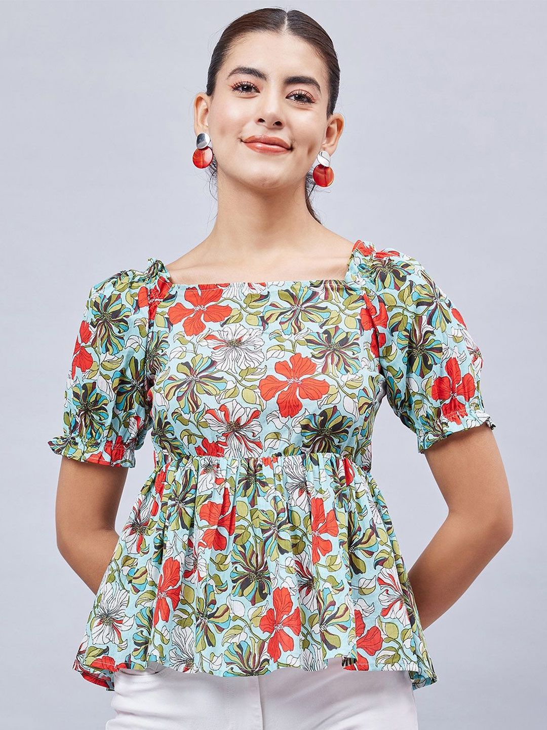 WineRed Floral Print Puff Sleeve Cotton Empire Top