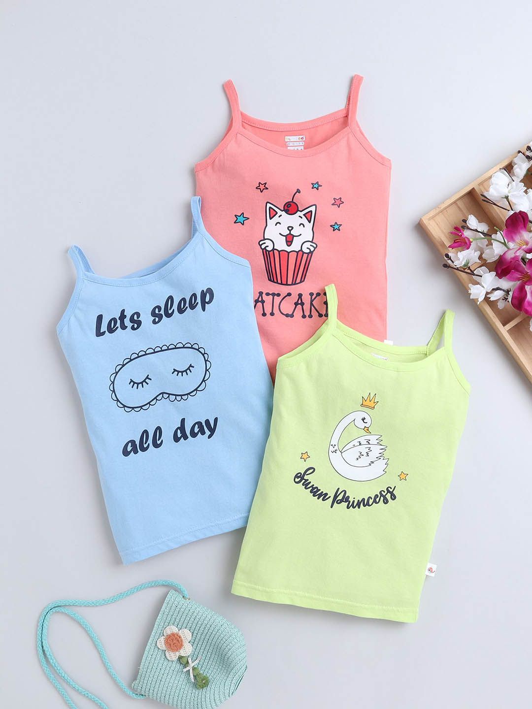 BUMZEE Pack Of 3 Infant Girls  Printed Cotton Camisoles