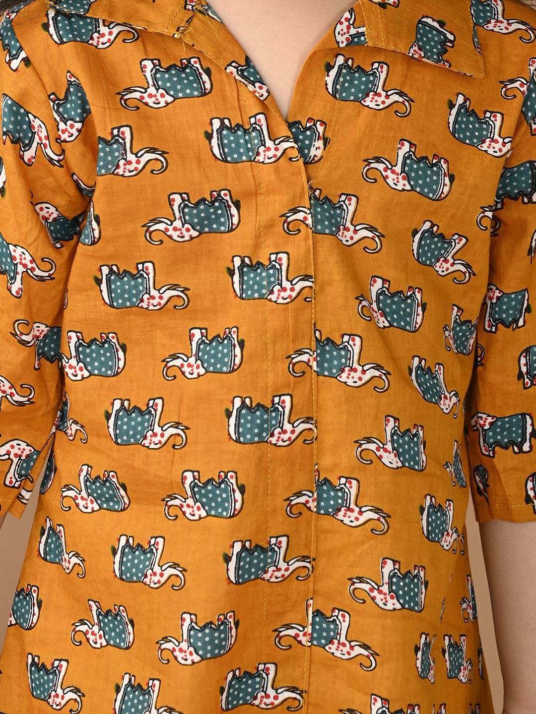 Girls Yellow Printed Shirt Collar Pure Cotton A-Line Kurta With Trouser 2