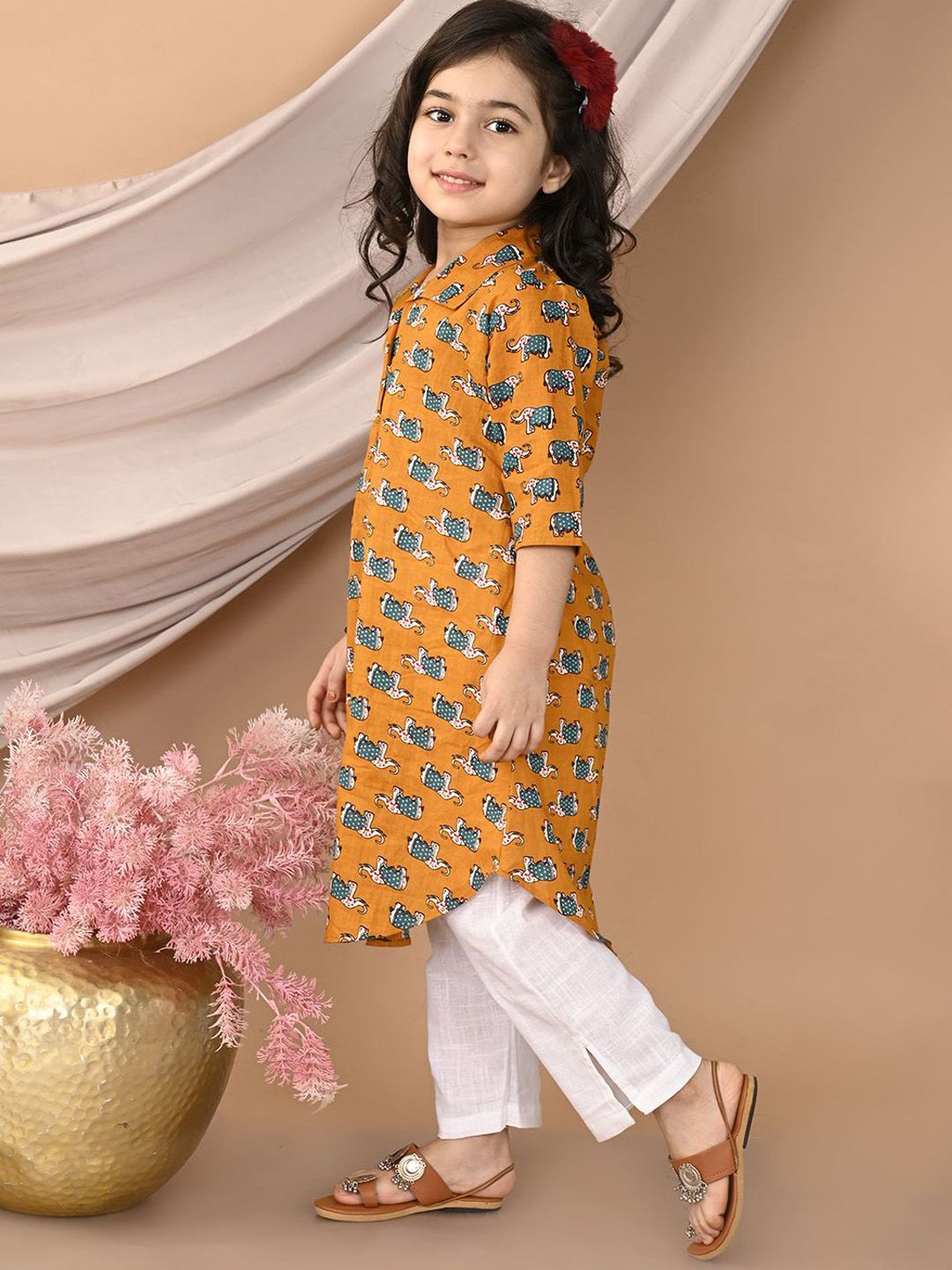 Girls Yellow Printed Shirt Collar Pure Cotton A-Line Kurta With Trouser 5