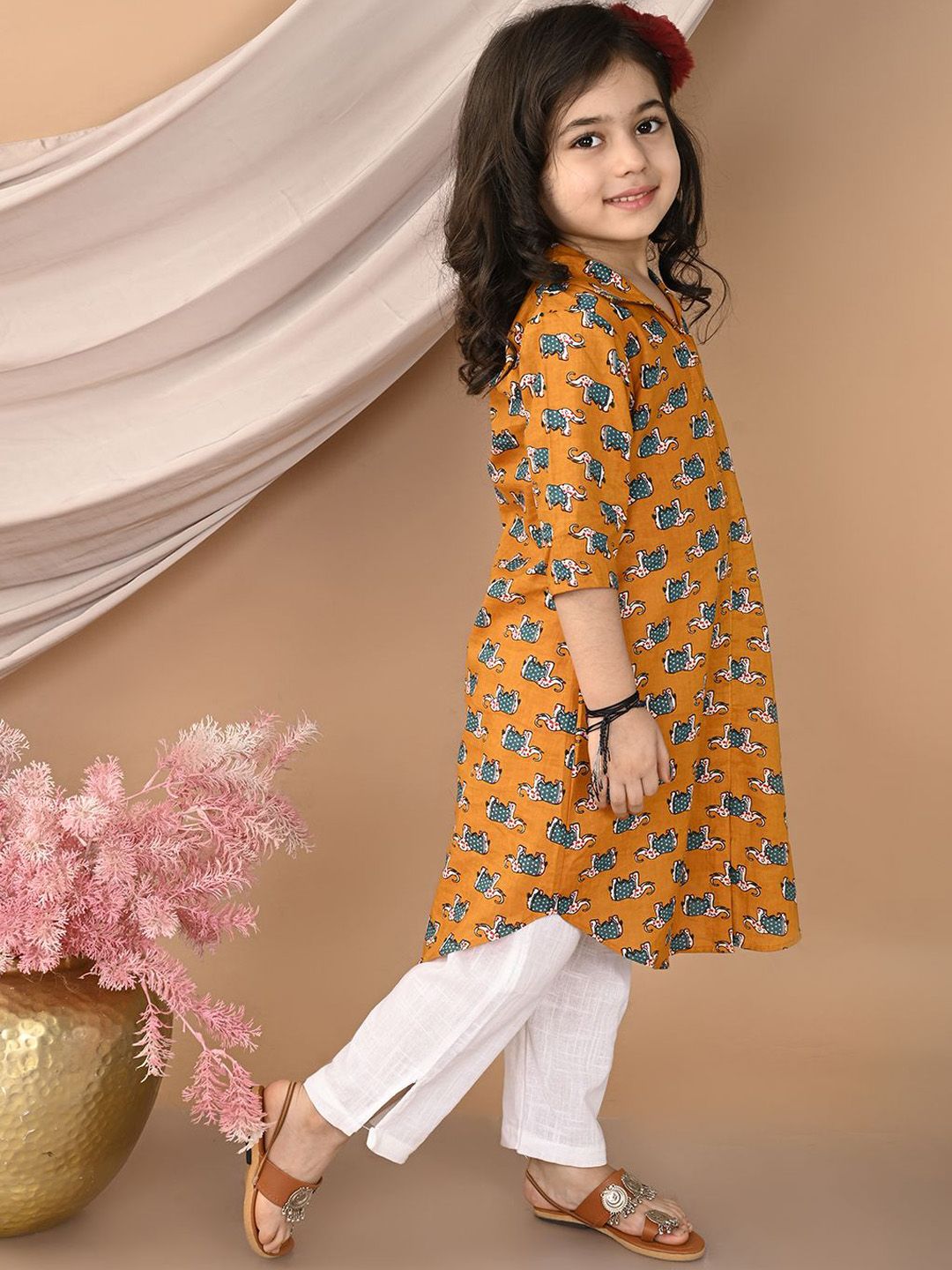 Girls Yellow Printed Shirt Collar Pure Cotton A-Line Kurta With Trouser 3