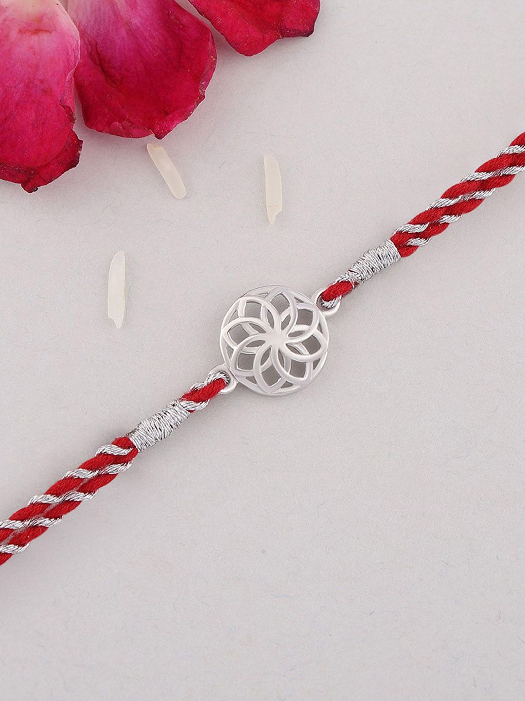 Ornate Jewels 925 Silver Floral Charm Thread Rakhi With Roli Chawal & Greeting Card