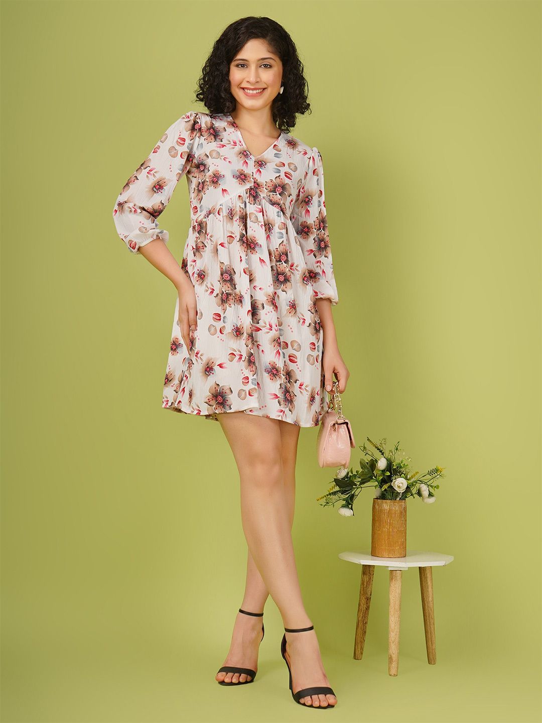 CELEBRAVO Floral Printed V-Neck Puff Sleeves A-Line Dress