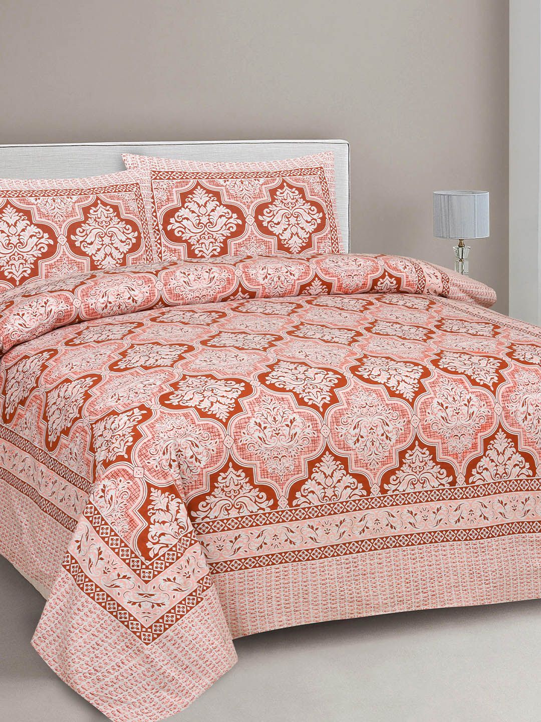 CLOTHOLOGY Crimson Red Damask Ogee Royal Ogee Memoir 180 TC Cotton King Bedsheet with 2 Pillow Cover
