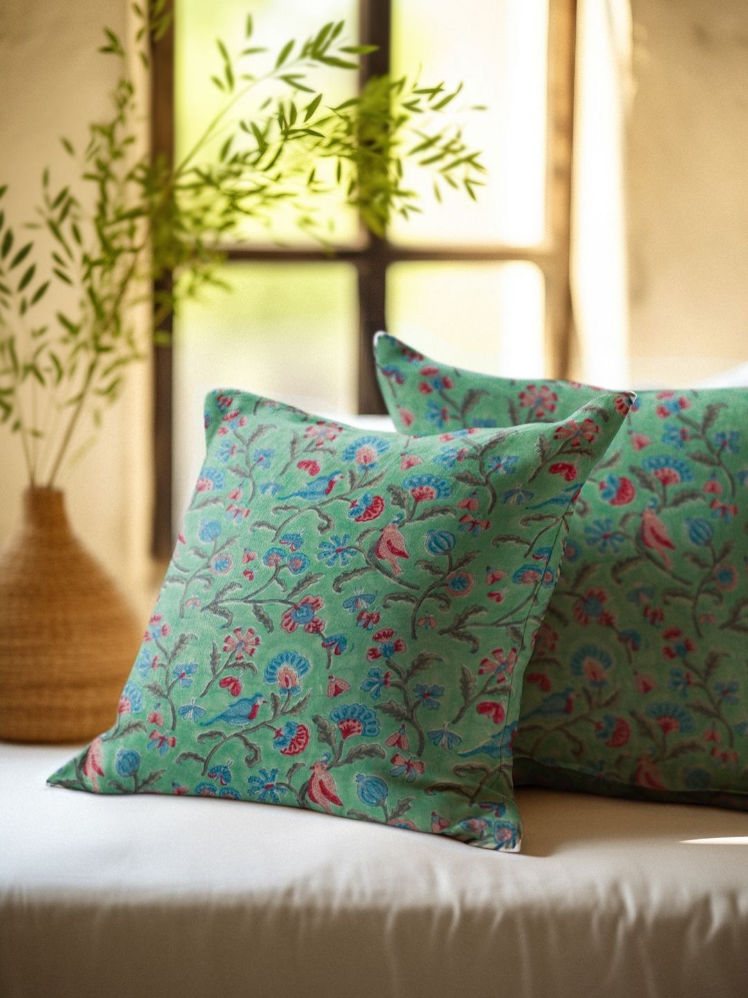 Buy Baarno White & Blue 2 Pieces Floral Printed Pure Cotton Square Cushion Covers -  - Home for Unisex