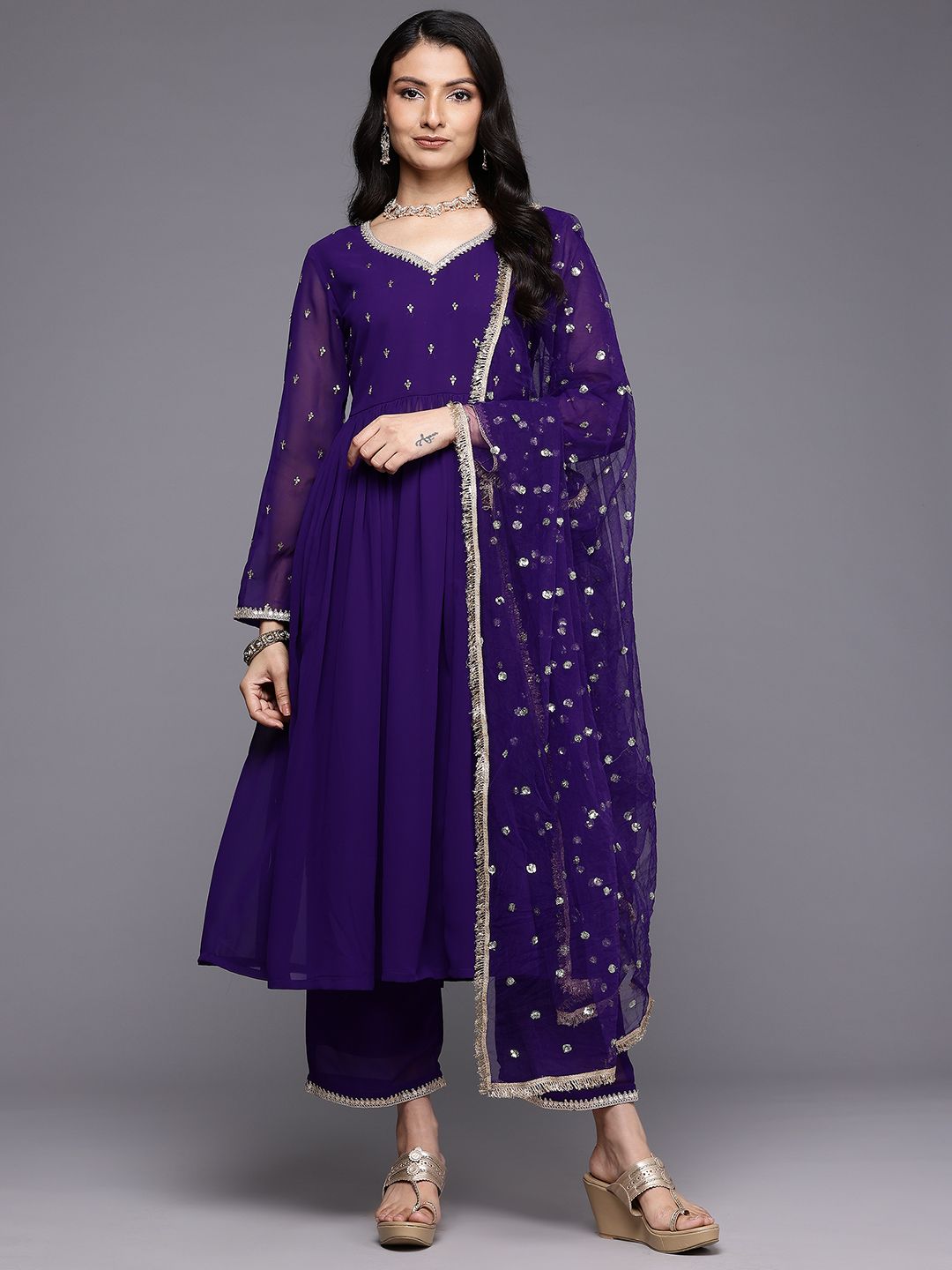 Varanga Embroidered Empire Zari Kurta With Palazzos & Dupatta
