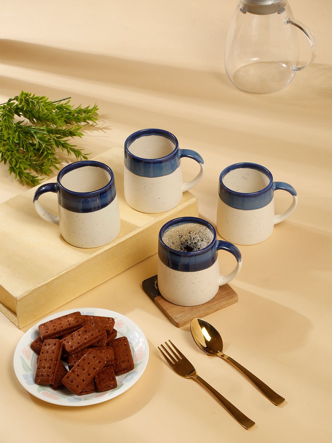 Arrabi Blue Ceramic Handmade 4 Piece Mugs-300ml